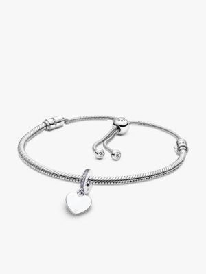 Engravable Heart Tag Dangle Charm Snake Chain Slider Bracelet Set